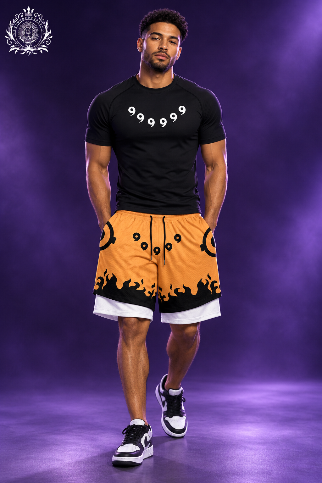 Black shirt and orange flame shorts model