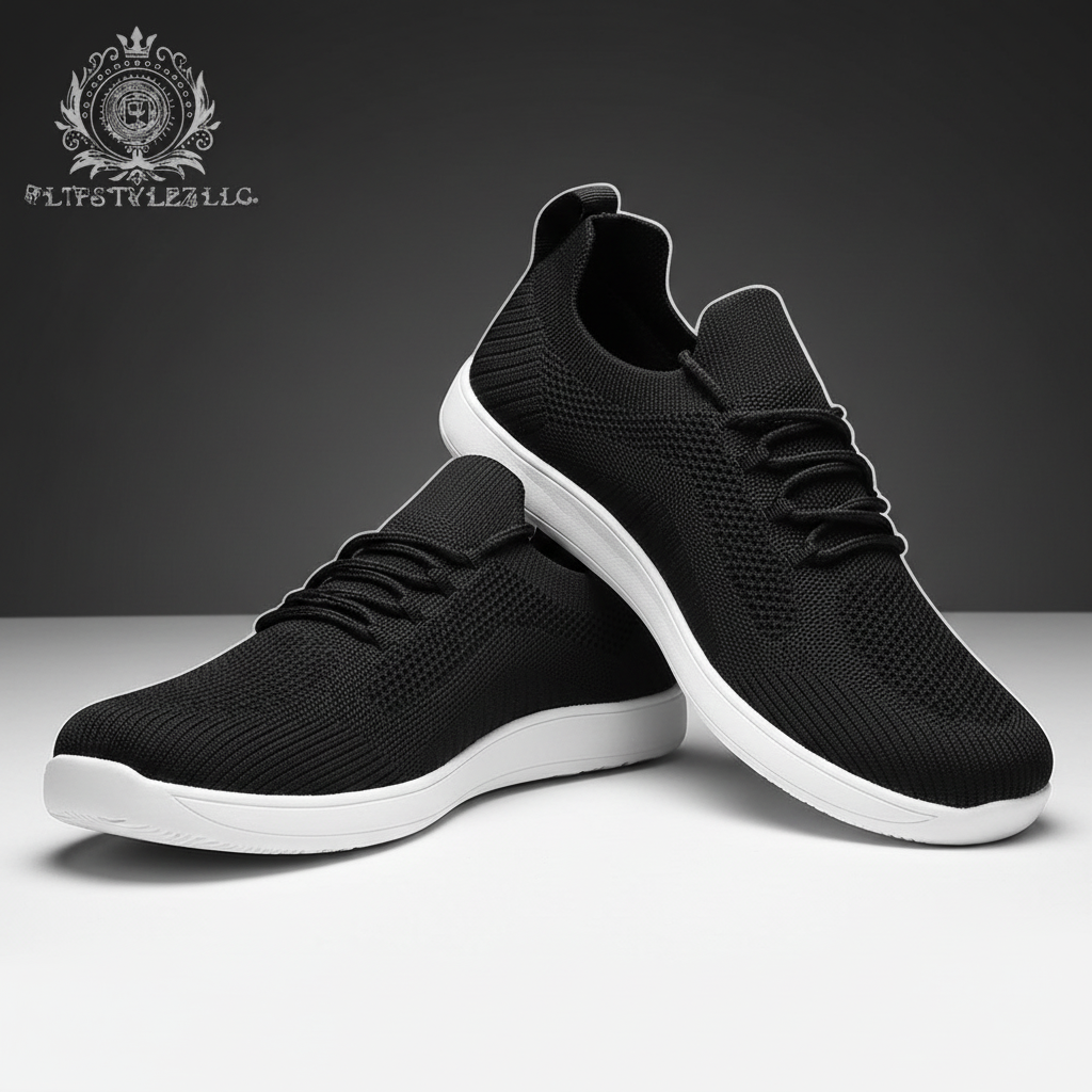 Black wide-toe shoes in a dynamic commercial studio