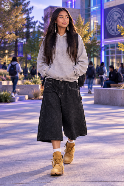 Blackfoot Native American teen on campus wearing Y2K denim shorts