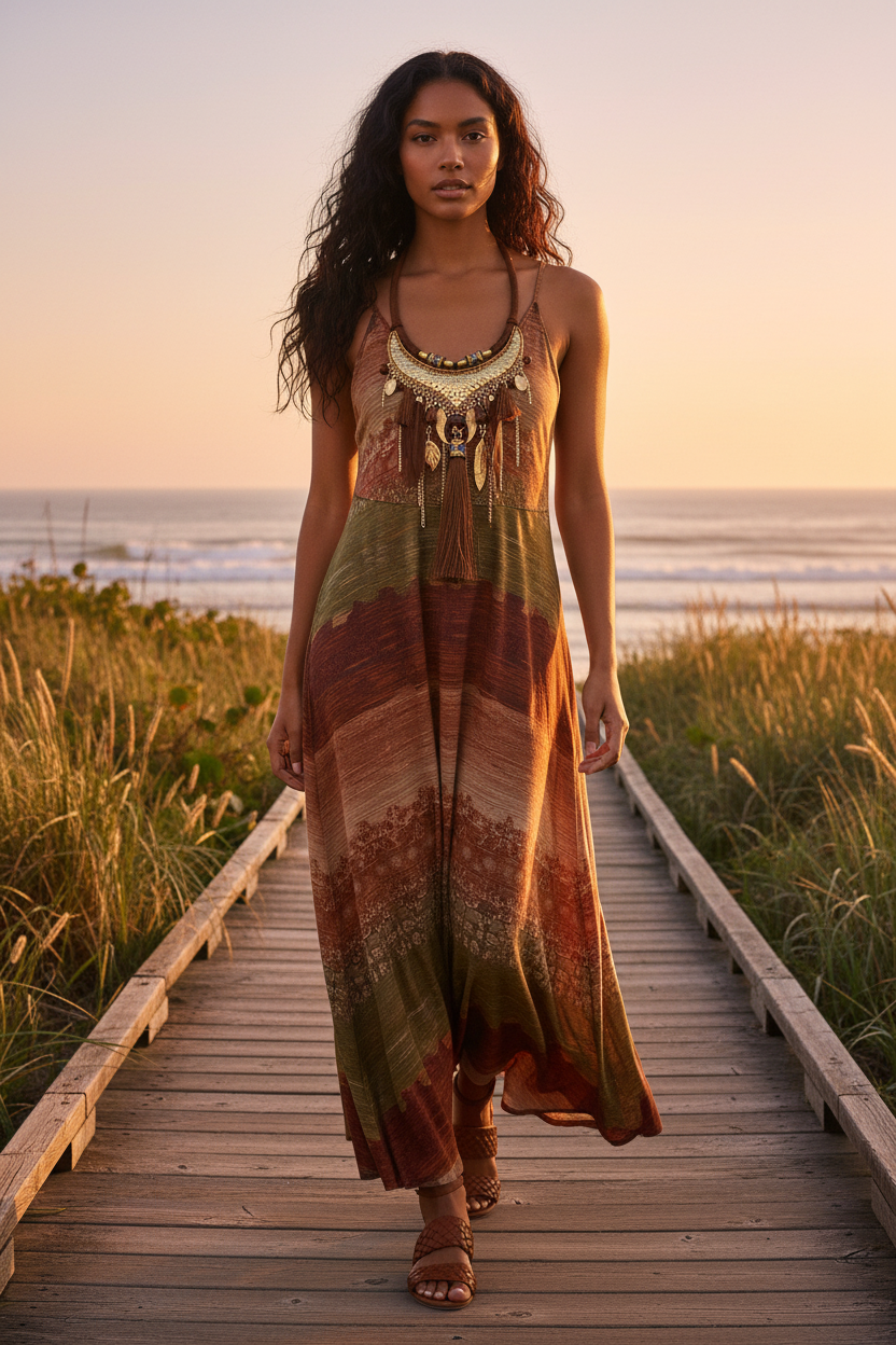Blackfoot Woman Wearing Brown Feather Tassel Necklace on Beach Boardwalk
