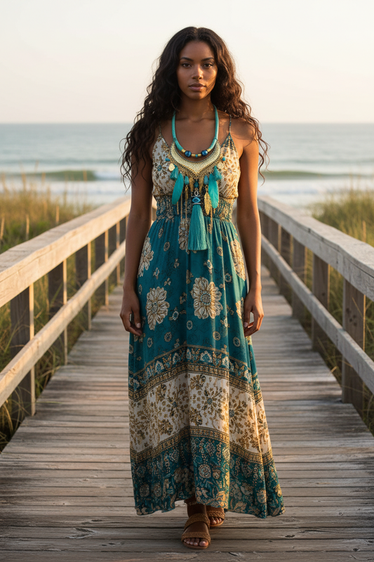 Blackfoot Woman Wearing Feather Leaf Tassel Necklace on Beach Boardwalk