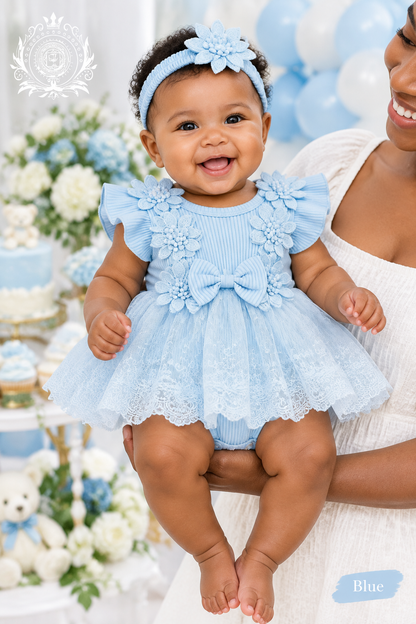 Blue floral romper baby lifestyle