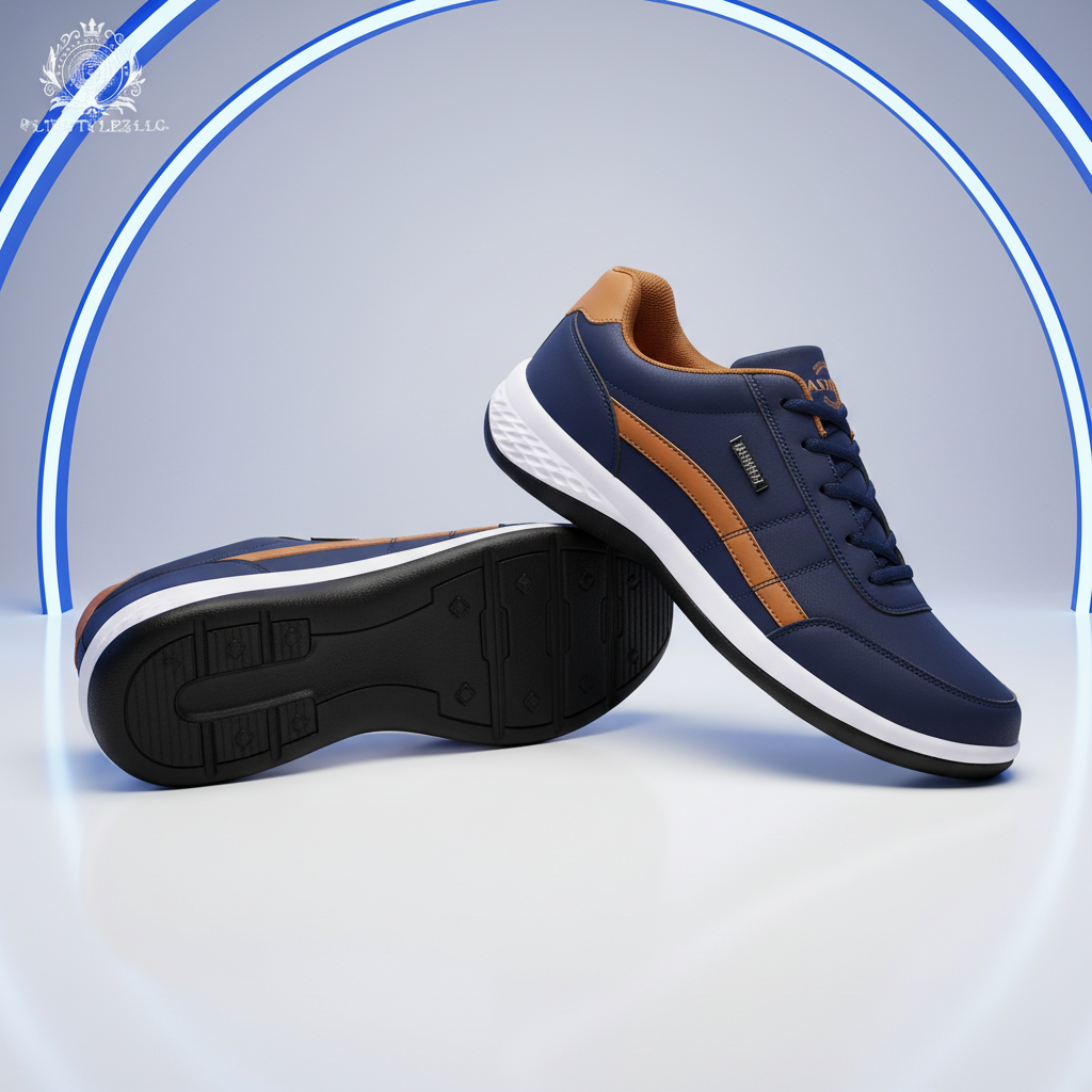 Blue leather shoes in a futuristic white and cobalt studio
