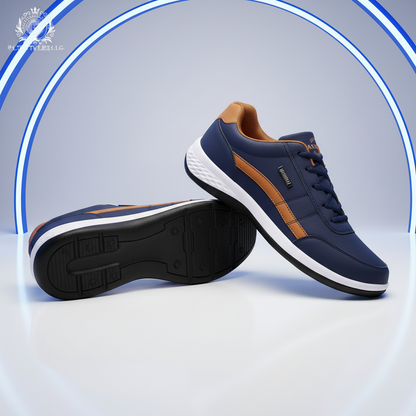 Blue leather shoes in a futuristic white and cobalt studio