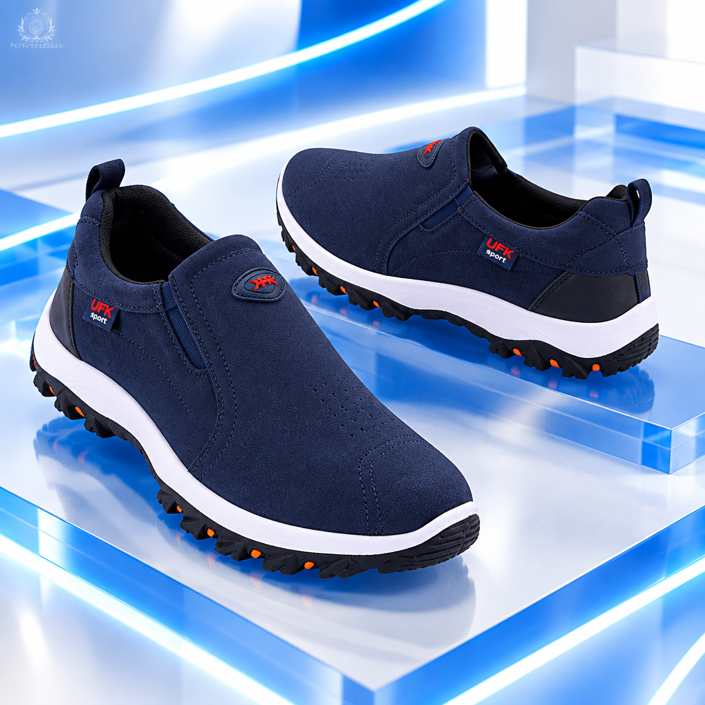 Blue men’s shoes in a cobalt commercial studio