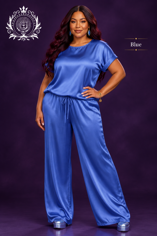 Blue satin-look outfit model