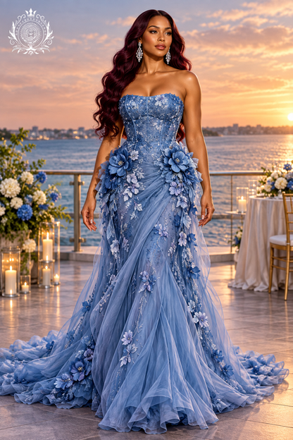 Women's Floral Tulle Gown | Strapless Bodice & Dimensional Flower Details | Prom & Formal Events