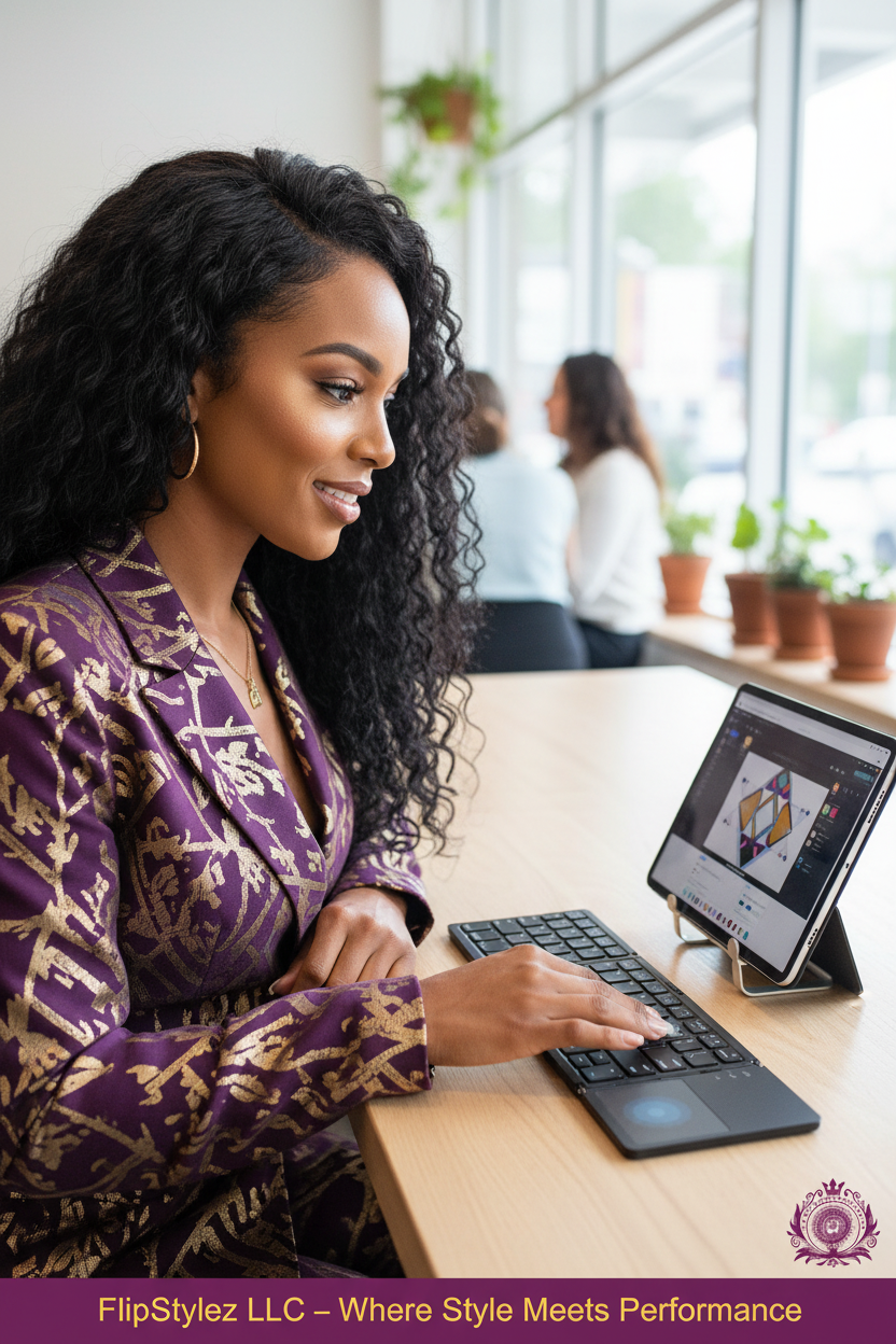 Boss Woman Side Angle Tablet Facing Her Finger On Touchpad Full Keyboard Visible Cafe