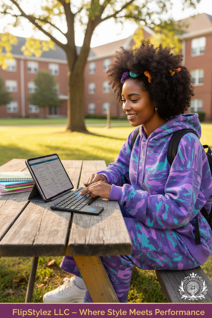 Brown Skin College Girl Purple Teal Flare Hoodie Black Tri-Fold Keyboard Touchpad Picnic Table Sunny Campus Dorm