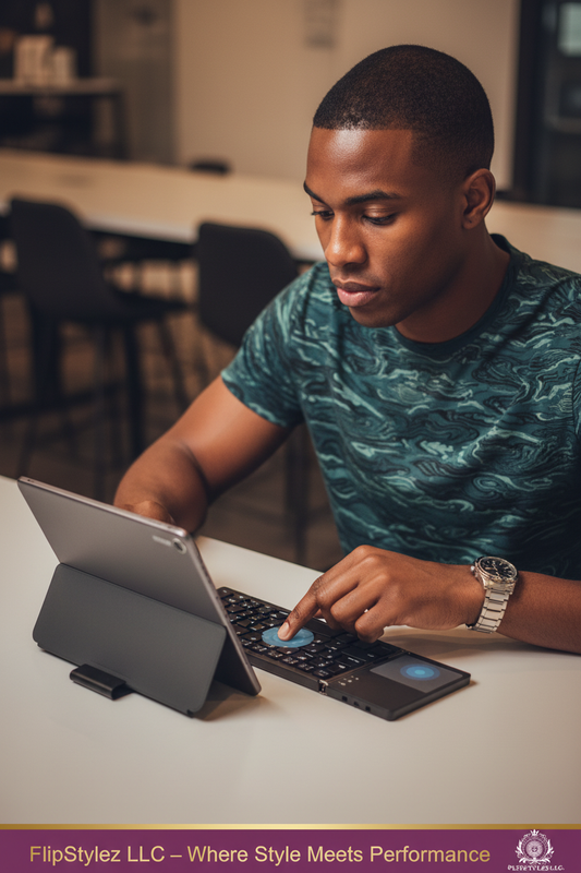 Brown Skin Man Side Angle Tablet Facing Him Right Hand Touchpad Full Keyboard Desk Co-Working