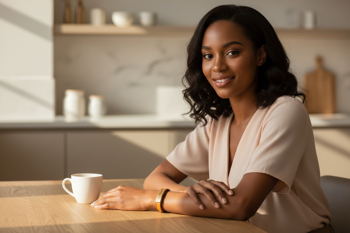 Brown Skin Model at Kitchen Table with Music Code Leather Bracelet