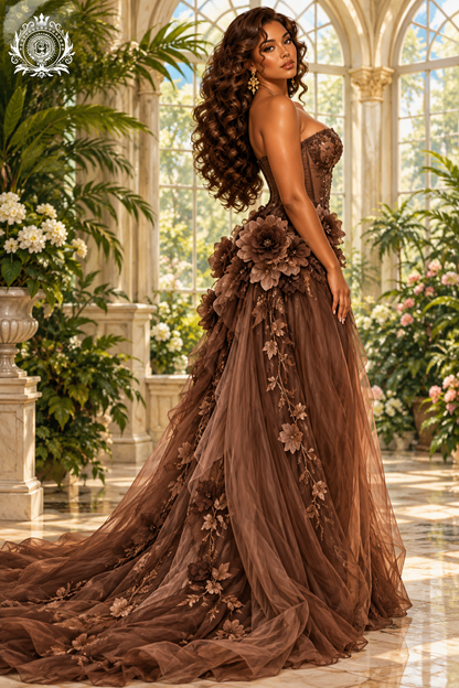 Women's Floral Tulle Gown | Strapless Bodice & Dimensional Flower Details | Prom & Formal Events