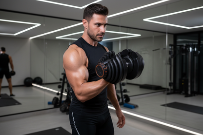 Buff Italian Man Holding Adjustable Black Dumbbell