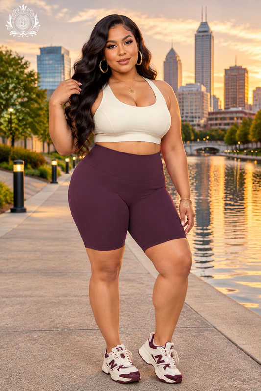 Burgundy biker shorts model at Indianapolis Canal Walk