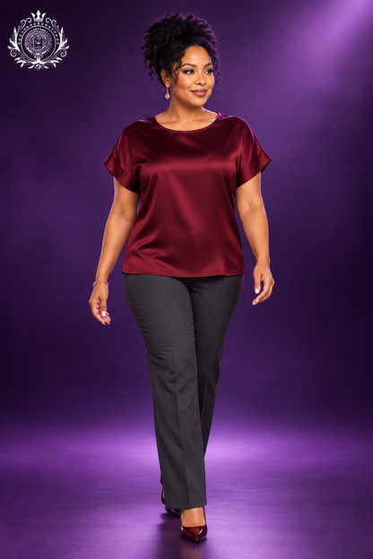 Burgundy satin-look top model