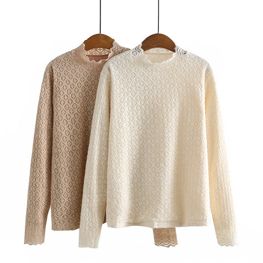 Loose Plus Size Women's Fleece Half Turtleneck Lace T-shirt