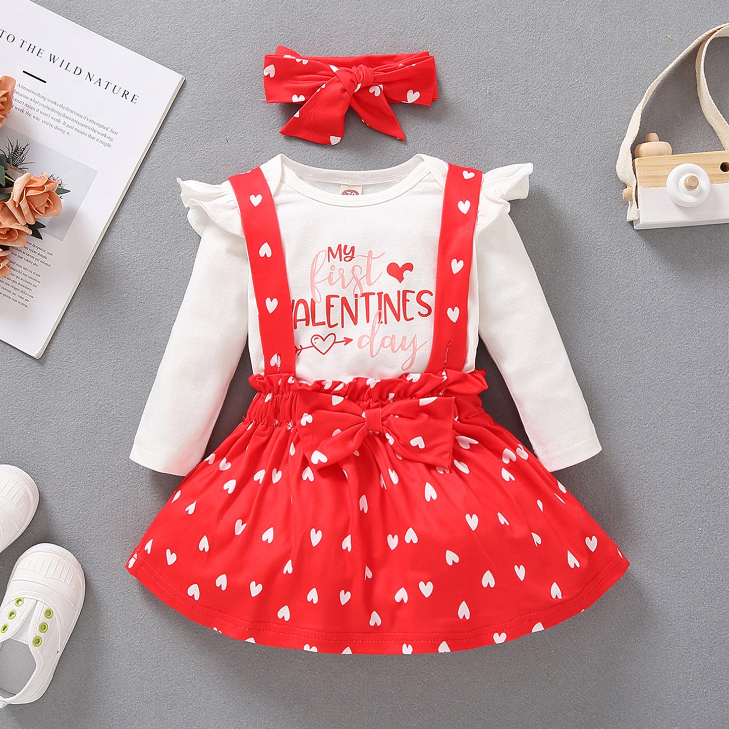 Children's Peach Heart Letter Printed Long-sleeved Three-piece Suit