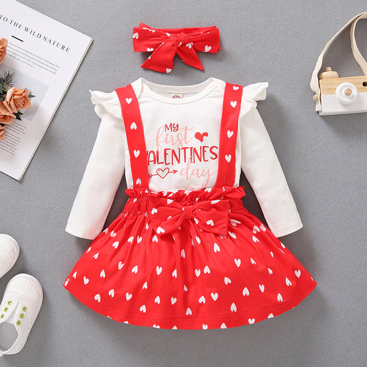 Children's Peach Heart Letter Printed Long-sleeved Three-piece Suit