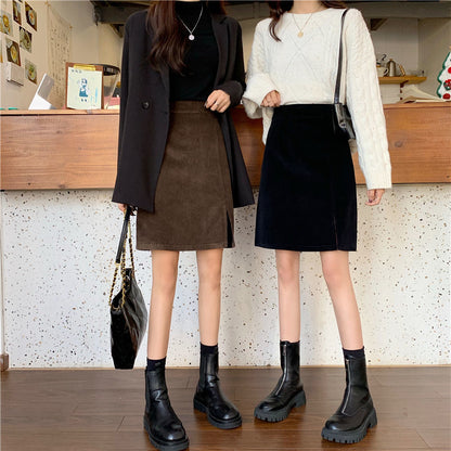 Plus Size Corduroy Skirt With High Waist Slits