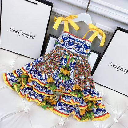 New Cute Pastoral Girls Court Print Suspender Skirt