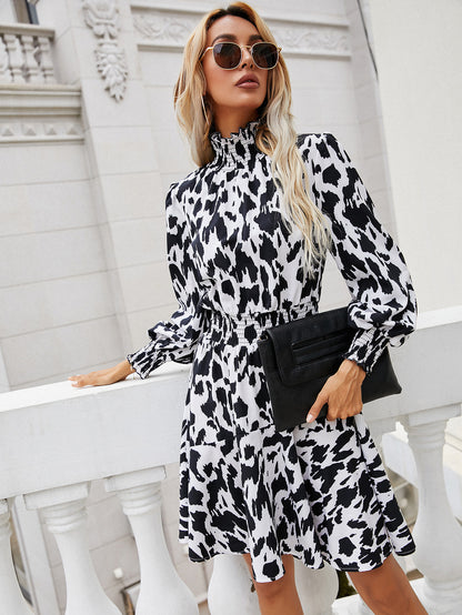 Leopard Print Round Hedging Ruffled Long-sleeved Midi Dress Product Information