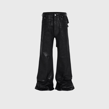 Men's Vinyl Coated Bootcut Trousers Stitching Damaged Jeans