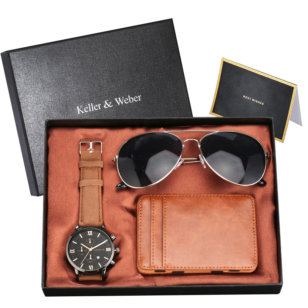 New Men's Quartz Watch Set Glasses Wallet Gift Set Box