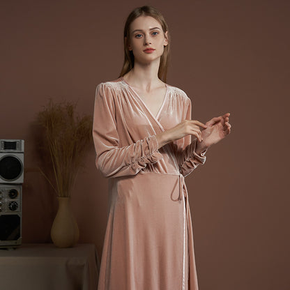 Long Robe Women's Velvet Gorgeous Nightdress V-neck Long Sleeve