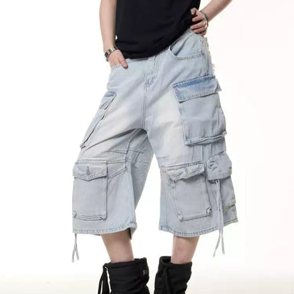 Retro Multi-pocket Denim Cargo Pants Shorts Women's Summer Loose Washed-out
