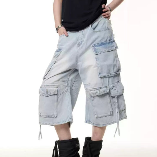 Retro Multi-pocket Denim Cargo Pants Shorts Women's Summer Loose Washed-out