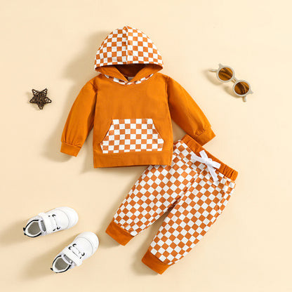 Children's Autumn And Winter Sports Leisure Hooded Plaid Suit