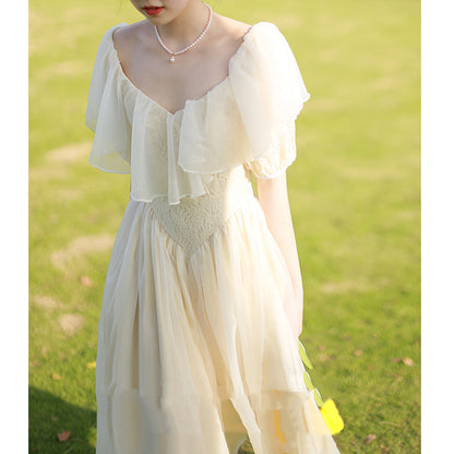 French Retro Light Wedding Puff Sleeve Lace Dress
