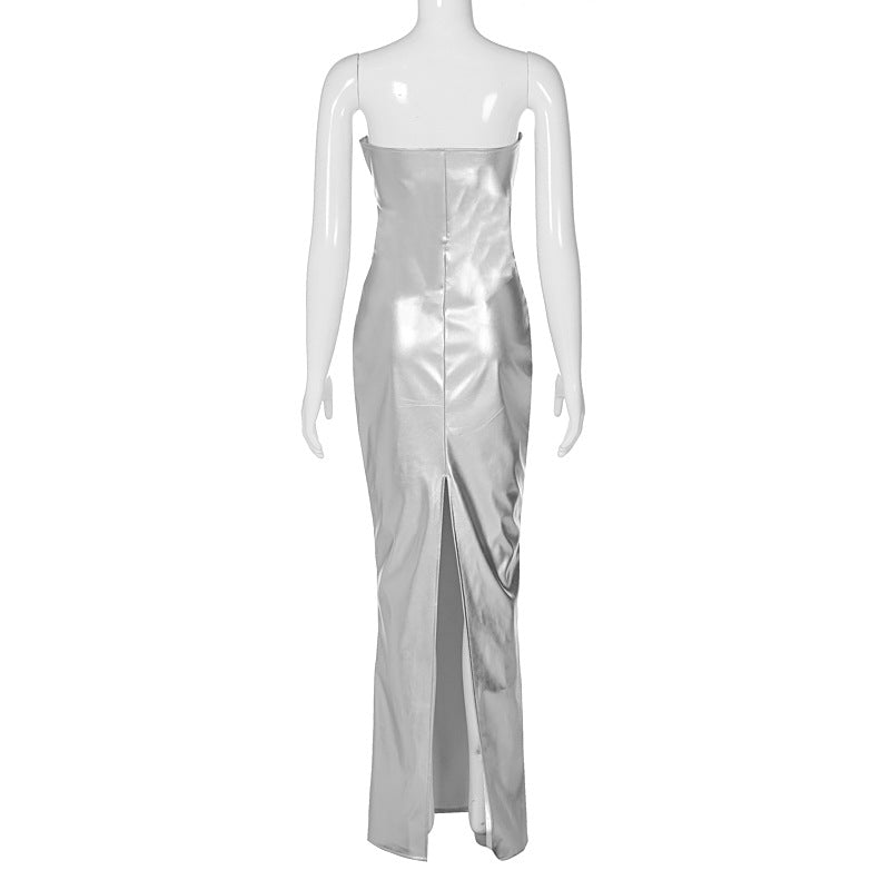 New Fashion Solid Color PU Leather Tube Top Dress