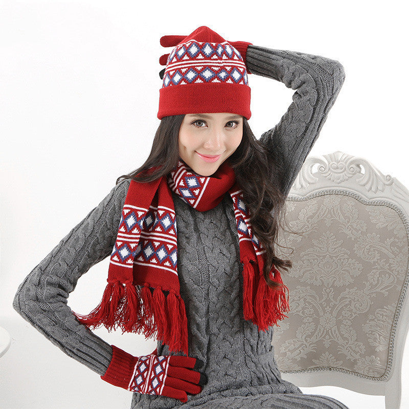 Winter Warm Wool Knitted Hat Scarf Gloves