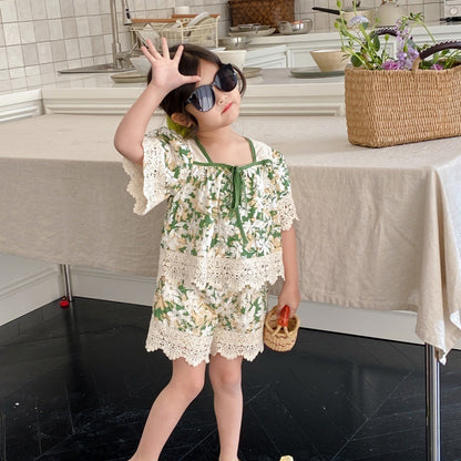 Girls' Summer Suits Sweet Lace Shirt Lace Shorts Two-piece Set