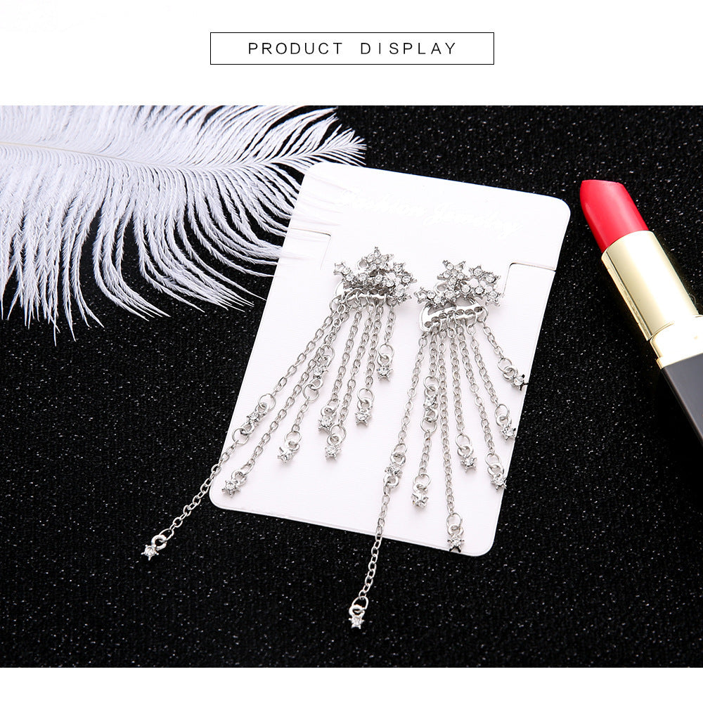 Diamond Studded Star Tassel Chain Back Hanging Earrings