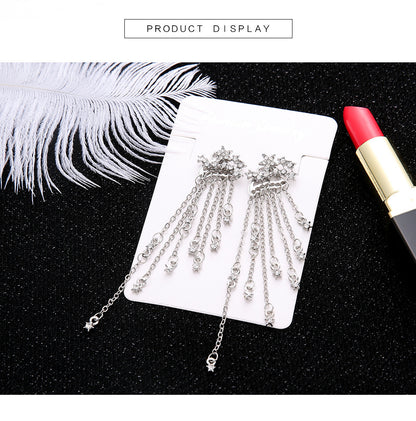 Diamond Studded Star Tassel Chain Back Hanging Earrings