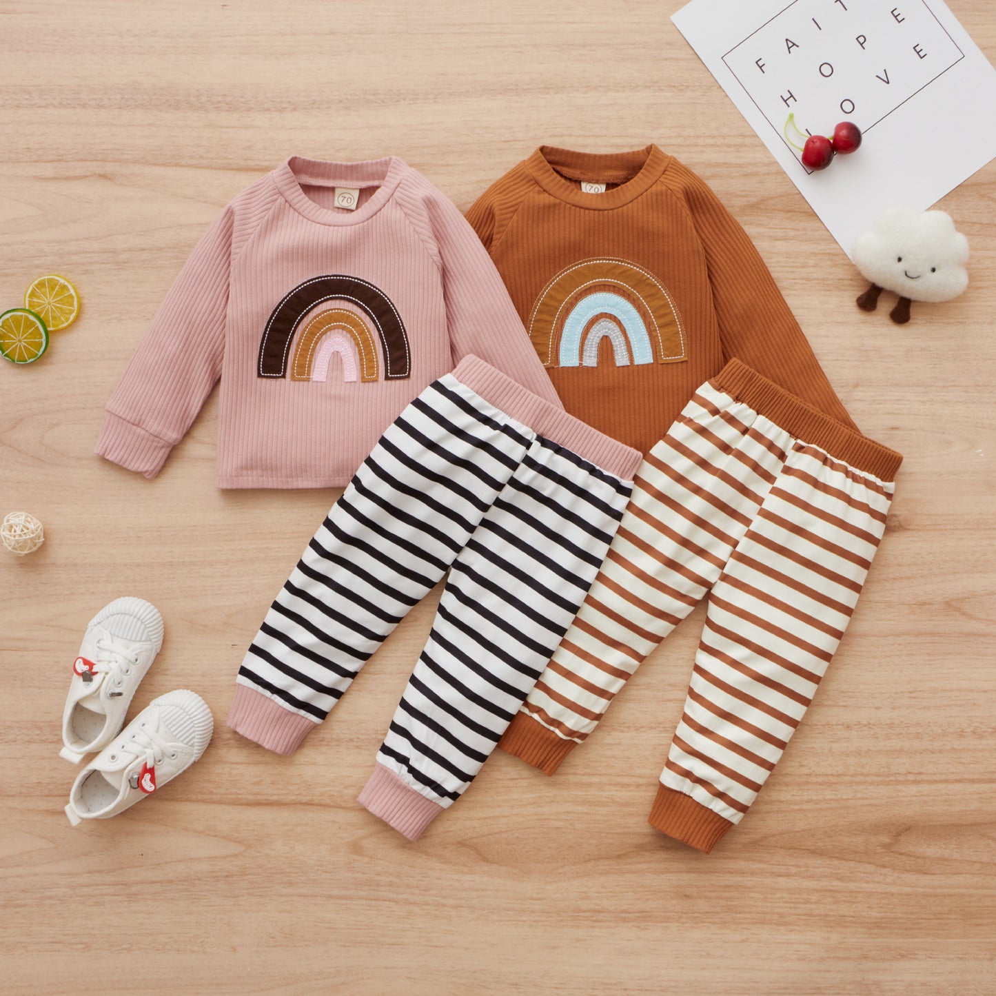 Girls' Sports Long-sleeved Pullover Without Hood Rainbow Cotton Sweater And Trousers Suit