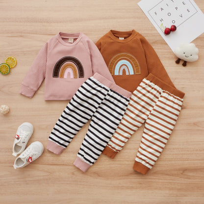 Girls' Sports Long-sleeved Pullover Without Hood Rainbow Cotton Sweater And Trousers Suit