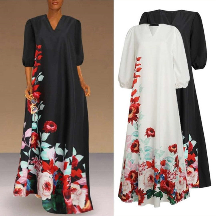 Plus Size Women's Long Skirt V-neck Positioning Flower Puff Sleeve Dress