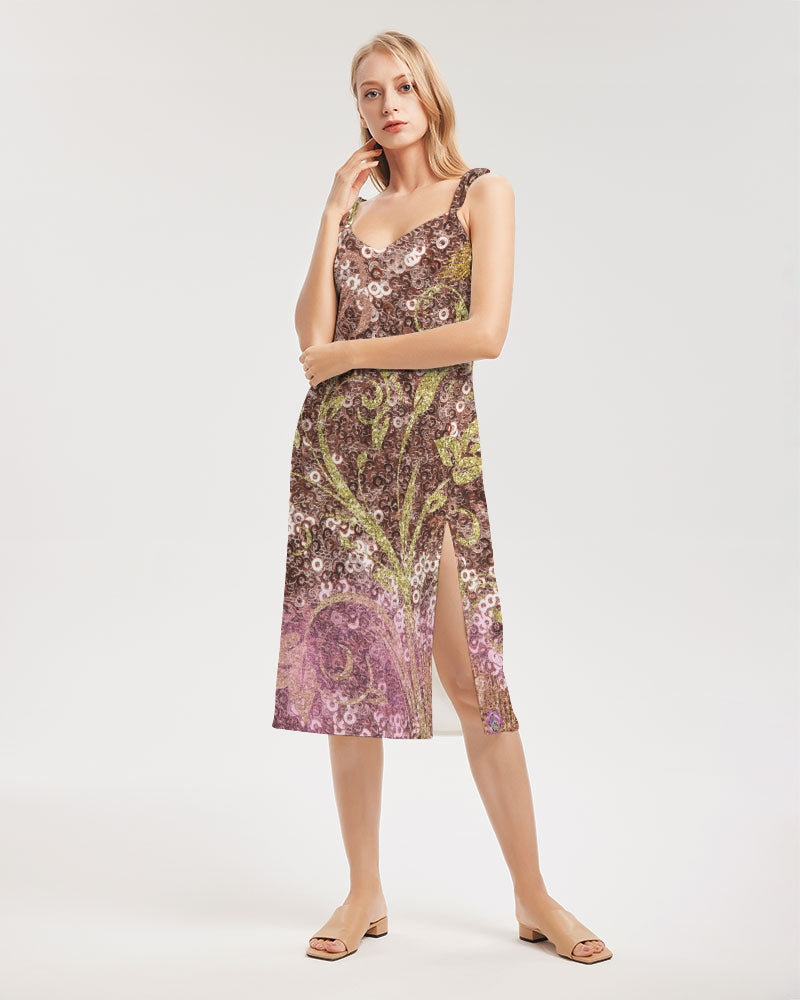 BEAUTIFUL PURPLE GITTER DESIGN CREATED BY FLIPSTYLEZ Women's All-Over Print Tie Strap Split Dress