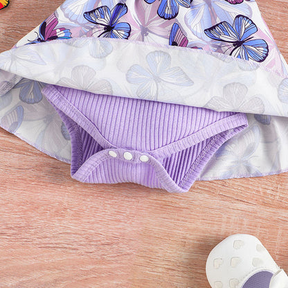 Little Girl Butterfly Print Dress Romper Skirt Scarf Two-piece Set