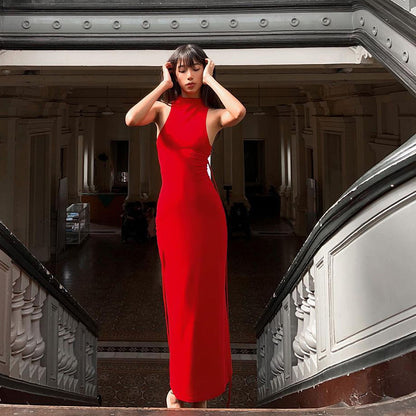 Hollow Out Sleeveless Hanging Neck Dress At Back