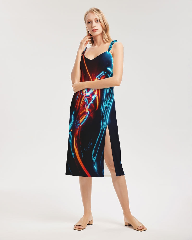 ELECTRICLY BLUE AND RED DESIGN BY FLIPSTYLEZ Women's All-Over Print Tie Strap Split Dress