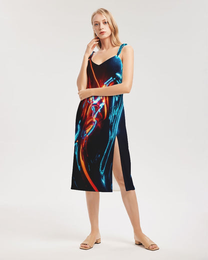 ELECTRICLY BLUE AND RED DESIGN BY FLIPSTYLEZ Women's All-Over Print Tie Strap Split Dress