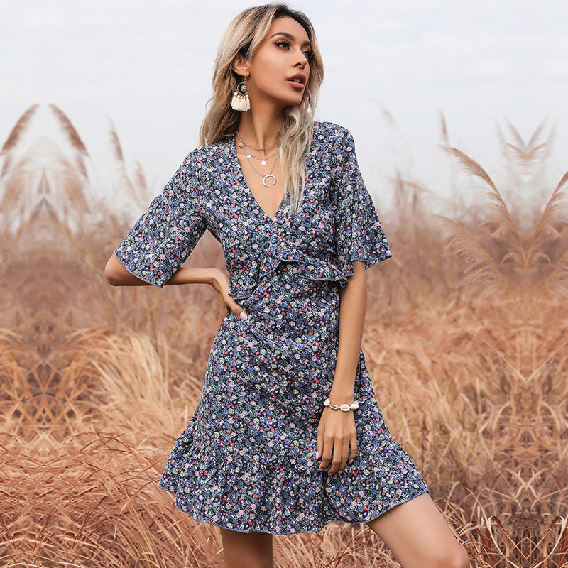 Women's Summer Floral Short Sleeve  Back Ruffle Dress