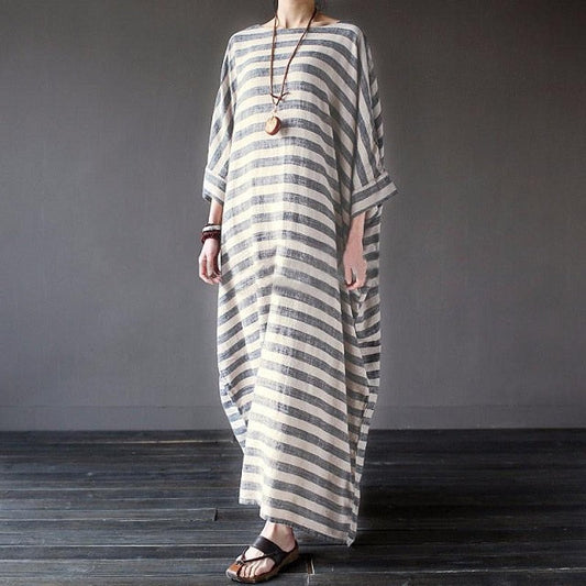 Cotton And Linen Stripes Loose Plus Size Long Dress