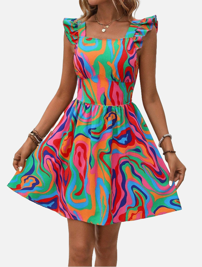 Printed Lace-up Back Backless Frill Holiday Dress