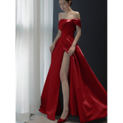 French Satin Ladies Banquet Temperament Wedding Evening Dress
