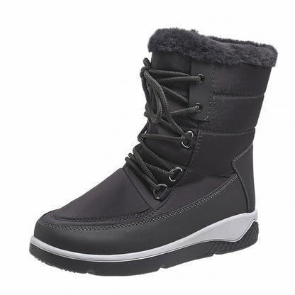 Large High Top Cotton Boots Women's Plush Front Lace Up Side Zipper